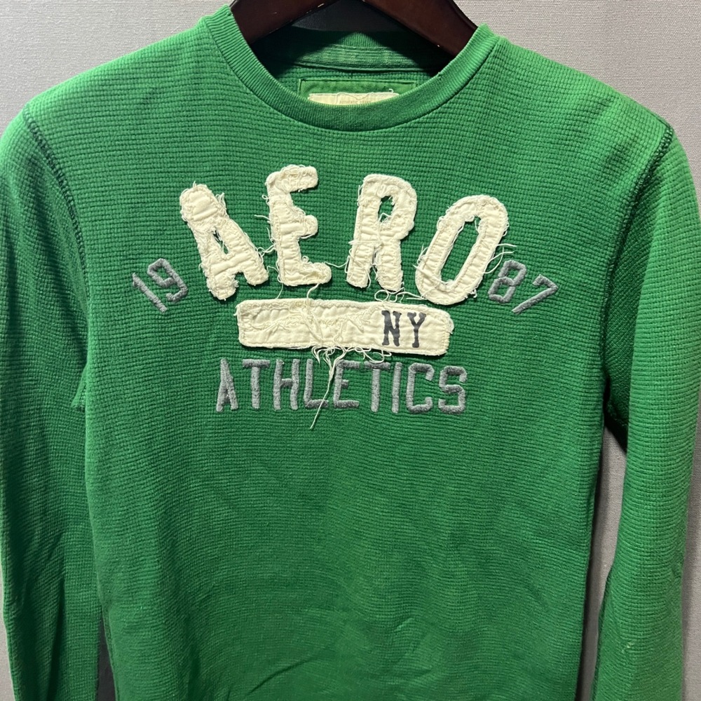 Aeropostale Mens Green Waffle Knit Thermal Aero Athletics Graphic Shirt M - Picture 2 of 6